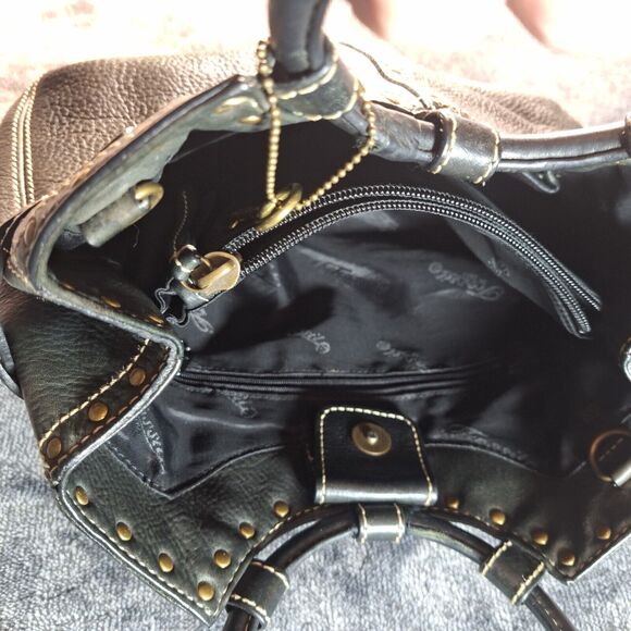 Fossil Round Handle Hand Bag Leather Black Studded Brass Grunge Gothic - Picture 10 of 10